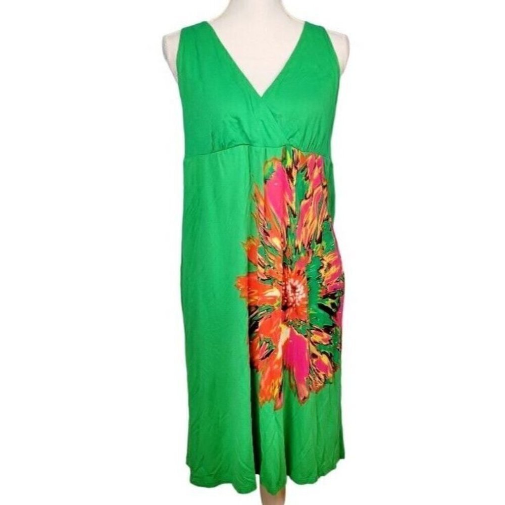 INC Womans Maxi GREEN Sundress Beach Cover FLORAL Accent Print STRETCH size Lg